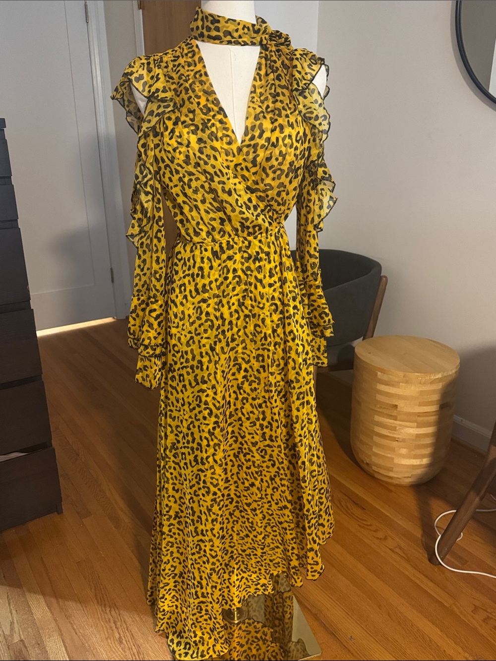 Yellow Leopard Print Maxi Dress with Ruffle Details